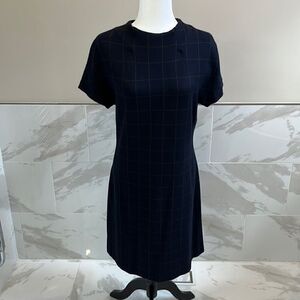 Theory Dolman Shift in Deep Navy Charcoal Windowpane Knit Plaid Dress Medium